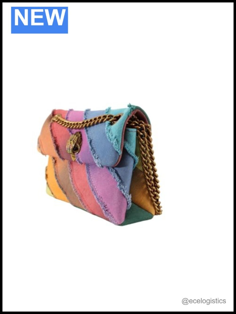 Frayed Rainbow Denim Crossbody Bag with Brass Hardware